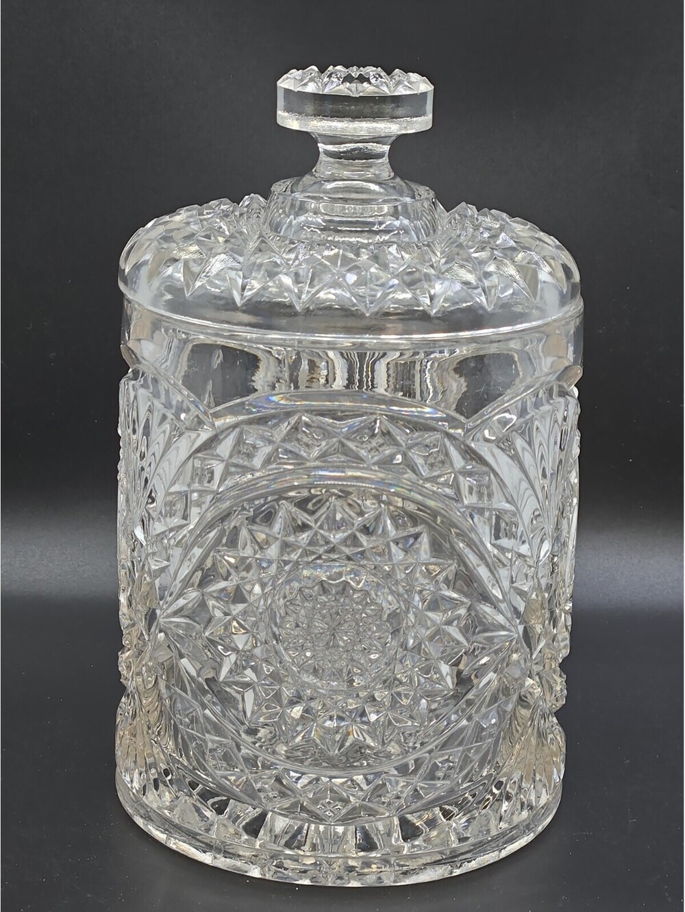 Vintage Imperial Glass Hobstar Roanoke Biscuit Barrel Cracker Jar w/Lid 7.75"
